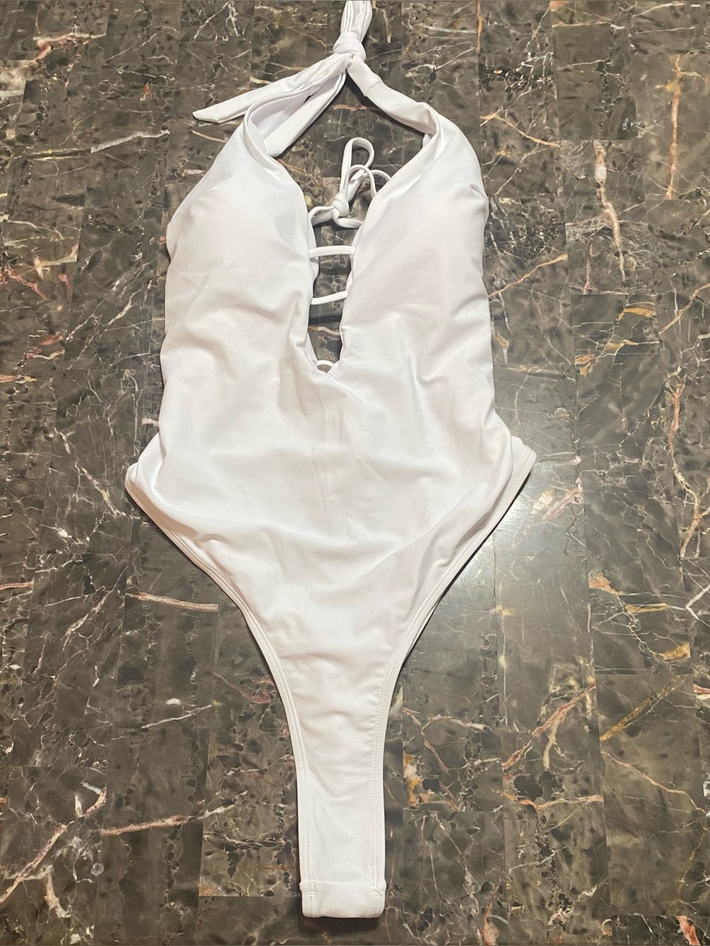 White one-piece monokini swimsuit
